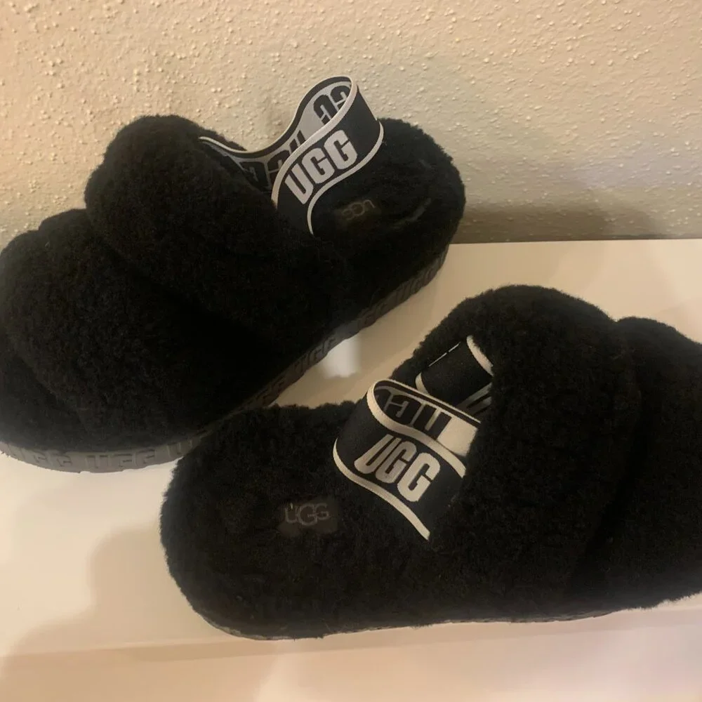 UGG Black Fuzz Platform Slide Sandals